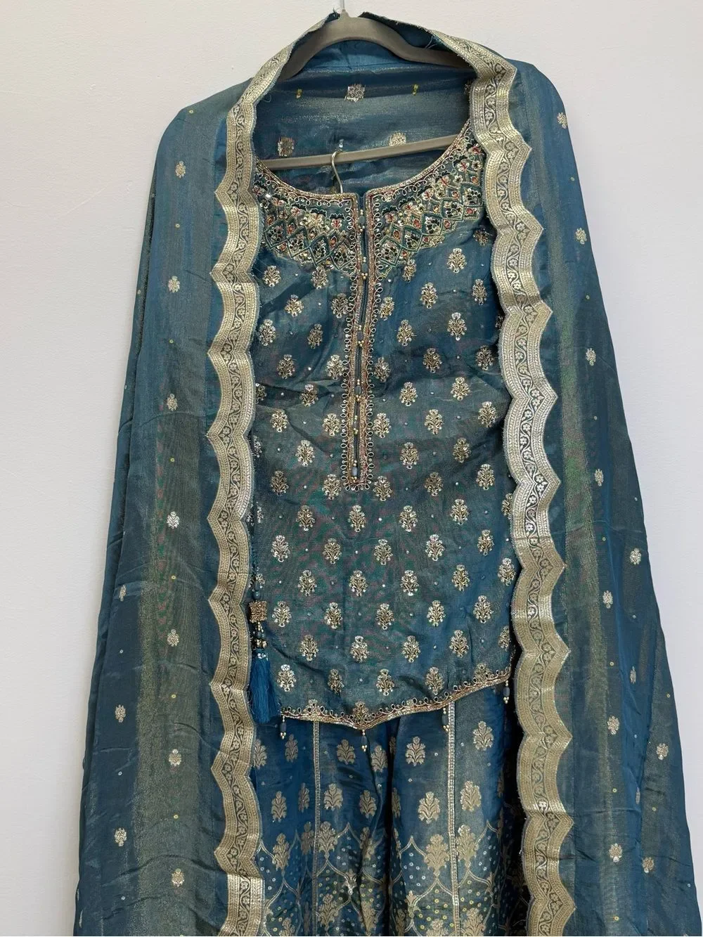 Embellished Teal Ethnic pants Set with Dupatta